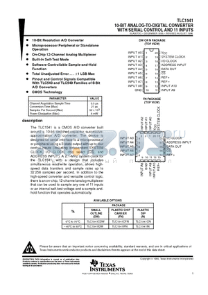 TLC1541 datasheet - 10-BIT ANALOG-TO-DIGITAL CONVERTER WITH SERIAL CONTROL AND 11 INPUTS