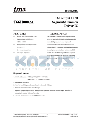 T66H0002A datasheet - 160 output LCD Segment/Common Driver IC