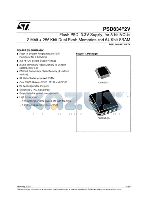 PSD834220MT datasheet - Flash PSD, 3.3V Supply, for 8-bit MCUs 2 Mbit  256 Kbit Dual Flash Memories and 64 Kbit SRAM