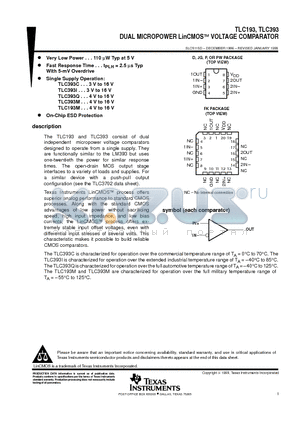 TLC193PW datasheet - DUAL MICROPOWER LinCMOSE VOLTAGE COMPARATOR