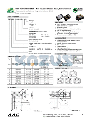 RST15-A2X-1R0-100JZB datasheet - HIGH POWER RESISTOR - Non Inductive Chassis Mount, Screw Terminal
