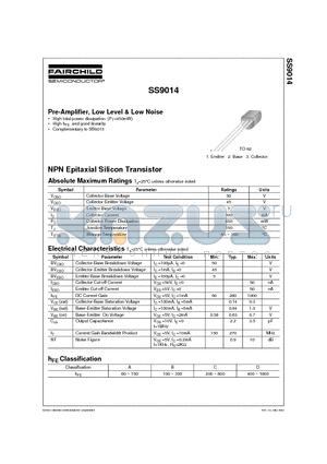 SS9014A datasheet - Pre-Amplifier, Low Level & Low Noise