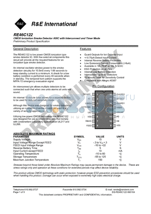 RE46C122 datasheet - CMOS Ionization Smoke Detector ASIC with Interconnect and Timer Mode Preliminary Product Specification