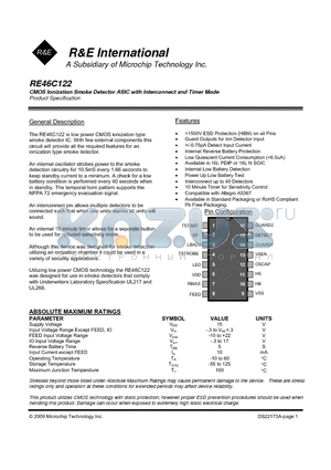 RE46C122 datasheet - CMOS Ionization Smoke Detector ASIC with Interconnect and Timer Mode