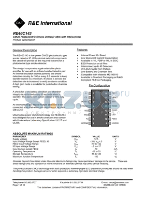 RE46C143 datasheet - CMOS Photoelectric Smoke Detector ASIC with Interconnect