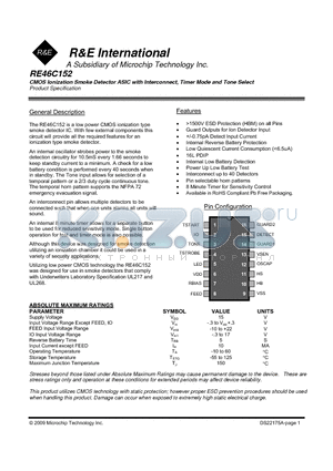 RE46C152 datasheet - CMOS Ionization Smoke Detector ASIC with Interconnect, Timer Mode and Tone Select