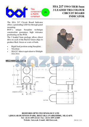 SSA217 datasheet - TWO TIER 5mm 3 LEADED TRI-COLOUR CIRCUIT BOARD INDICATOR