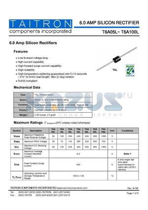 T6A20L datasheet - 6.0 Amp Silicon Rectifiers