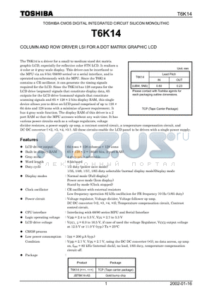 T6K14 datasheet - COLUMN AND ROW DRIVER LSI FOR A DOT MATRIX GRAPHIC LCD
