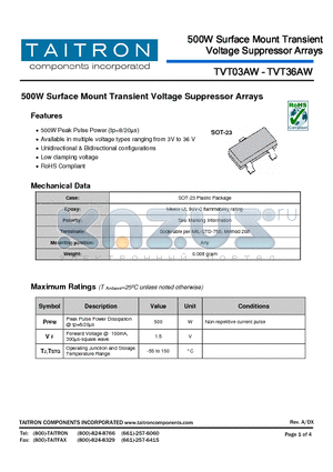 TVT15AW datasheet - 500W Surface Mount Transient Voltage Suppressor Arrays