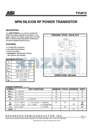 TVU012 datasheet - NPN SILICON RF POWER TRANSISTOR