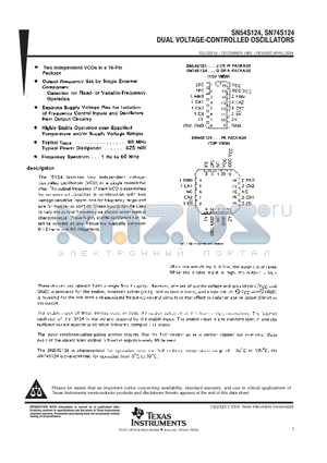 SN54S124 datasheet - DUAL VOLTAGE-CONTROLLED OSCILLATORS
