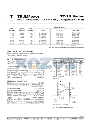 T7-2S2405N datasheet - DC/DC CONVERTERS 14-Pin DIP, Unregulated 2 Watt