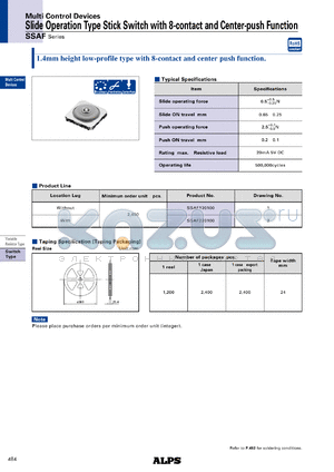 SSAF220100 datasheet - Slide Operation Type Stick Switch with 8-contact and Center-push Function