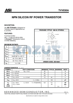 TVV030A datasheet - NPN SILICON RF POWER TRANSISTOR