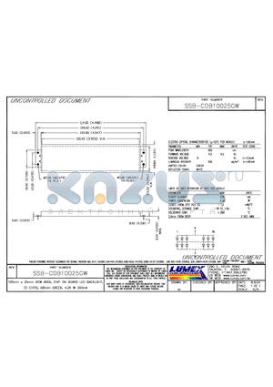 SSB-COB10025GW datasheet - 100mm x 25mm VIEW AREA, CHIP ON BOARD LED BACKLIGHT, 72 CHIPS, 565mm GREEN, 4.2V 360mA