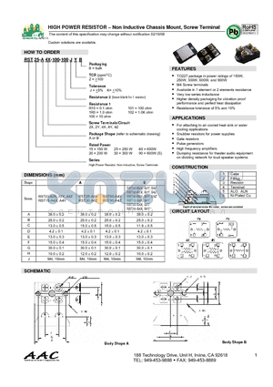 RST25-B4Z-100-1R0KZB datasheet - HIGH POWER RESISTOR - Non Inductive Chassis Mount, Screw Terminal