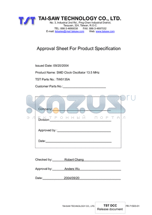 TW0135A datasheet - SMD Clock Oscillator 13.5 MHz