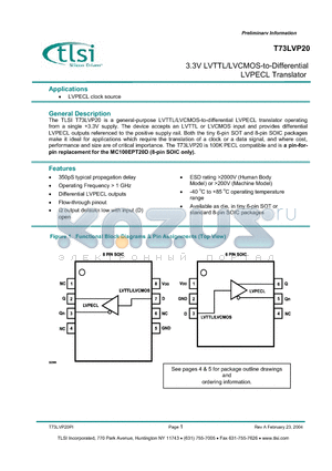 T73LVP20-SOT-TNR datasheet - 3.3V LVTTL/LVCMOS-to-Differential LVPECL Translator