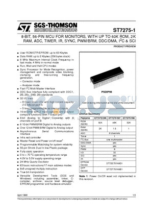 RST7275-1 datasheet - 8-BIT, 56-PIN MCU FOR MONITORS, WITH UP TO 60K ROM, 2K RAM, ADC, TIMER, IR, SYNC, PWM/BRM, DDC/DMA, I2C & SCI