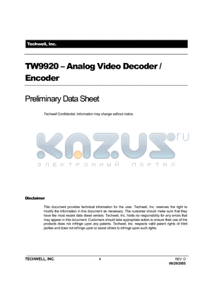 TW9920 datasheet - Analog Video Decoder / Encoder