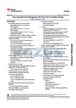 TWL6032A1B0YFFR datasheet - Fully Integrated Power Management with Power Path and Battery Charger