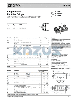 VBE20 datasheet - Single Phase Rectifier Bridge with Fast Recovery Epitaxial Diodes (FRED)