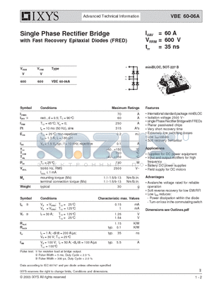 VBE60-06A datasheet - Single Phase Rectifier Bridge with Fast Recovery Epitaxial Diodes (FRED)