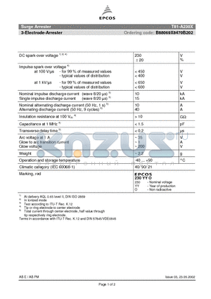 T81-A230X datasheet - SURGE ARRESTER 3-electrode arrester