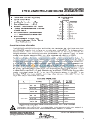 SN65C3223DWRG4 datasheet - 3-V TO 5.5-V MULTICHANNEL RS-232  COMPATIBLE LINE DRIVER/RECEIVER