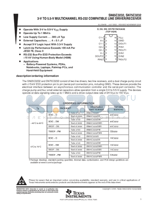 SN65C3232D datasheet - 3V TO 5.5 V MULTICHANNEL RS--S3S COMPATIBLE LINE DRIVER/RECEIVER