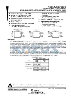 TLC2551 datasheet - 5 V, LOW POWER, 12-BIT, 400 KSPS, SERIAL ANALOG-TO-DIGITAL CONVERTERS WITH AUTOPOWER DOWN