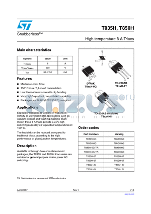 T835H-6G datasheet - High temperature 8 A Triacs