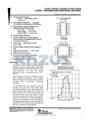 TLC274BCDRG4 datasheet - The TLC274 and TLC279 quad operational amplifiers combine a wide range of input offset voltage grades with low offset voltage drift, high...