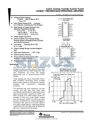 TLC274BCNE4 datasheet - The TLC274 and TLC279 quad operational amplifiers combine a wide range of input offset voltage grades with low offset voltage drift, high...