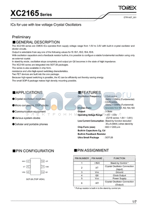 XC2165C21BMT datasheet - ICs for use with low voltage Crystal Oscillators