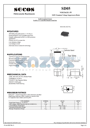 SD05 datasheet - 300W Transient Voltage Suppressors Diode