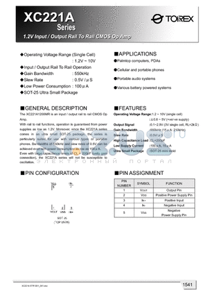 XC221A1100 datasheet - 1.2VInput/ Output Rail To Rail CMOS Op Amp