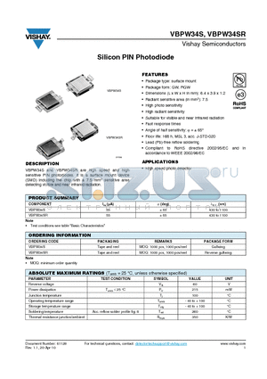 VBPW34S datasheet - Silicon PIN Photodiode