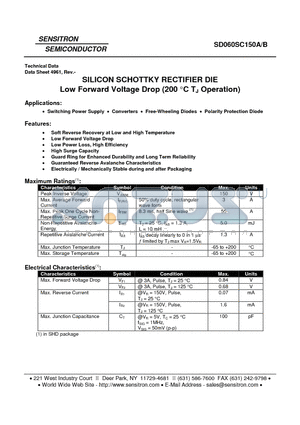 SD060SC150A datasheet - SILICON SCHOTTKY RECTIFIER DIE Low Forward Voltage Drop (200 C TJ Operation)