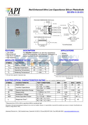 SD076-11-31-211 datasheet - Red Enhanced Ultra Low Capacitance Silicon Photodiode