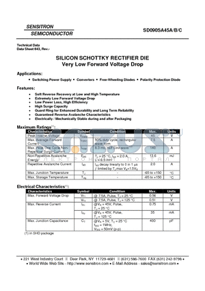 SD090SA45B datasheet - SILICON SCHOTTKY RECTIFIER DIE Very Low Forward Voltage Drop