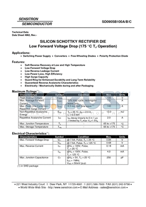 SD090SB100B datasheet - SILICON SCHOTTKY RECTIFIER DIE Low Forward Voltage Drop (175 TJ Operation)