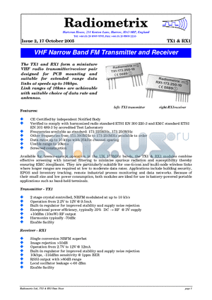 TX1-152.650-10 datasheet - VHF Narrow Band FM Transmitter and Receiver