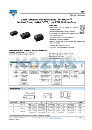 T86D107M010CZBS datasheet - Solid Tantalum Surface Mount TANTAMOUNT^, Molded Case, Hi-Rel COTS, Low ESR, Built-In-Fuse