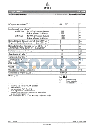 T87-C600X datasheet - SURGE ARRESTER 3-electrode arrester