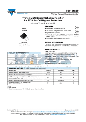 VBT1045BP-E3/4W datasheet - Trench MOS Barrier Schottky Rectifier for PV Solar Cell Bypass Protection