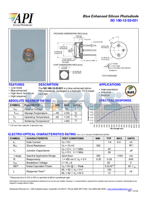 SD100-12-22-021 datasheet - Blue Enhanced Silicon Photodiode