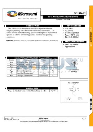 SD1014-02 datasheet - RF & MICROWAVE TRANSISTORS