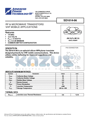 SD1014-06 datasheet - RF & MICROWAVE TRANSISTORS VHF MOBILE APPLICATIONS